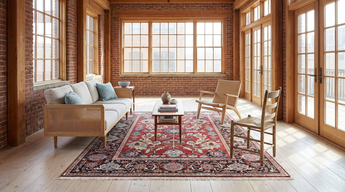 Lila Chic Red Hand Knotted Wool Rug in a sunroom