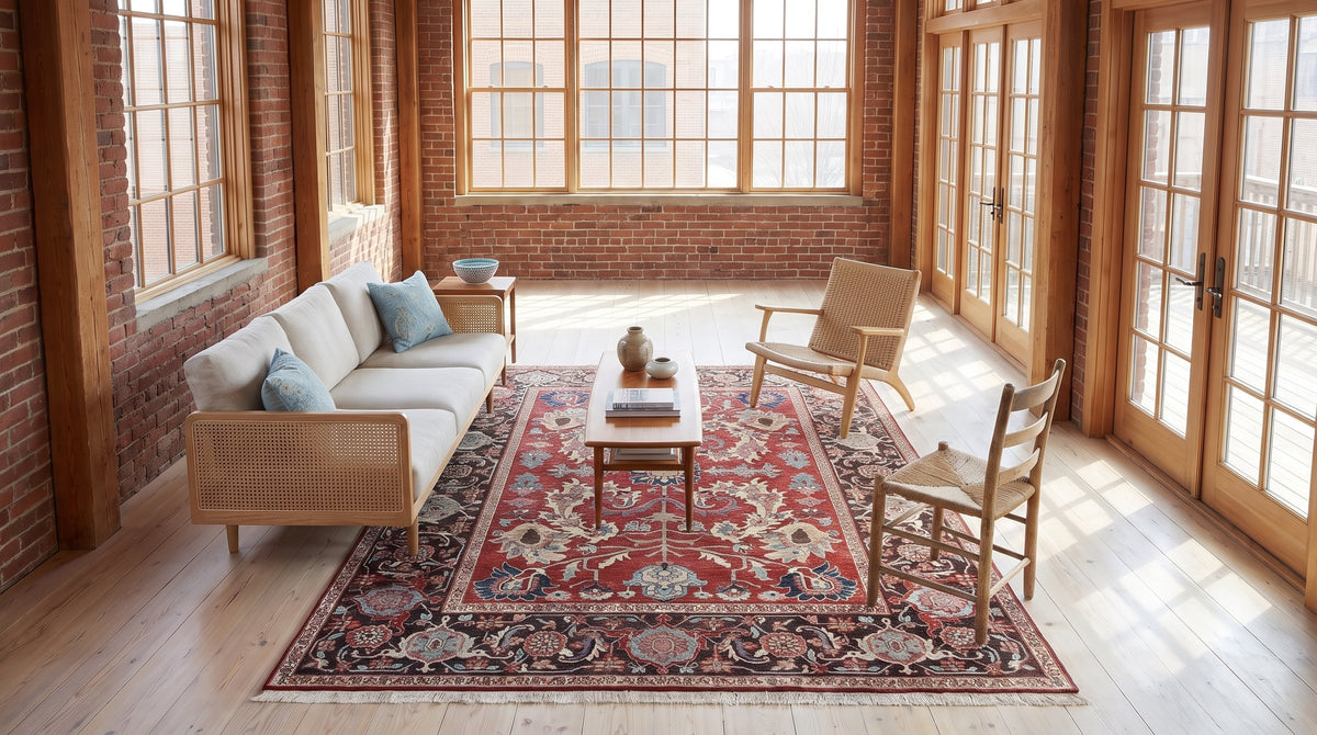 Lila Chic Red Hand Knotted Wool Rug in a sunroom