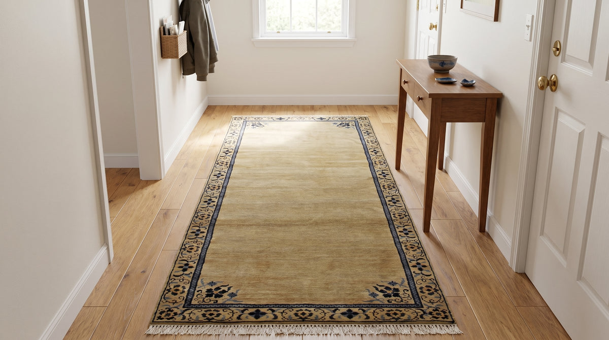 Lila Timeless Beige Hand Knotted Wool Rug in a hallway