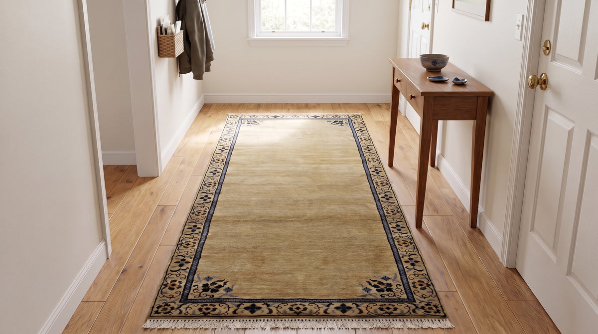 Lila Timeless Beige Hand Knotted Wool Rug in a hallway