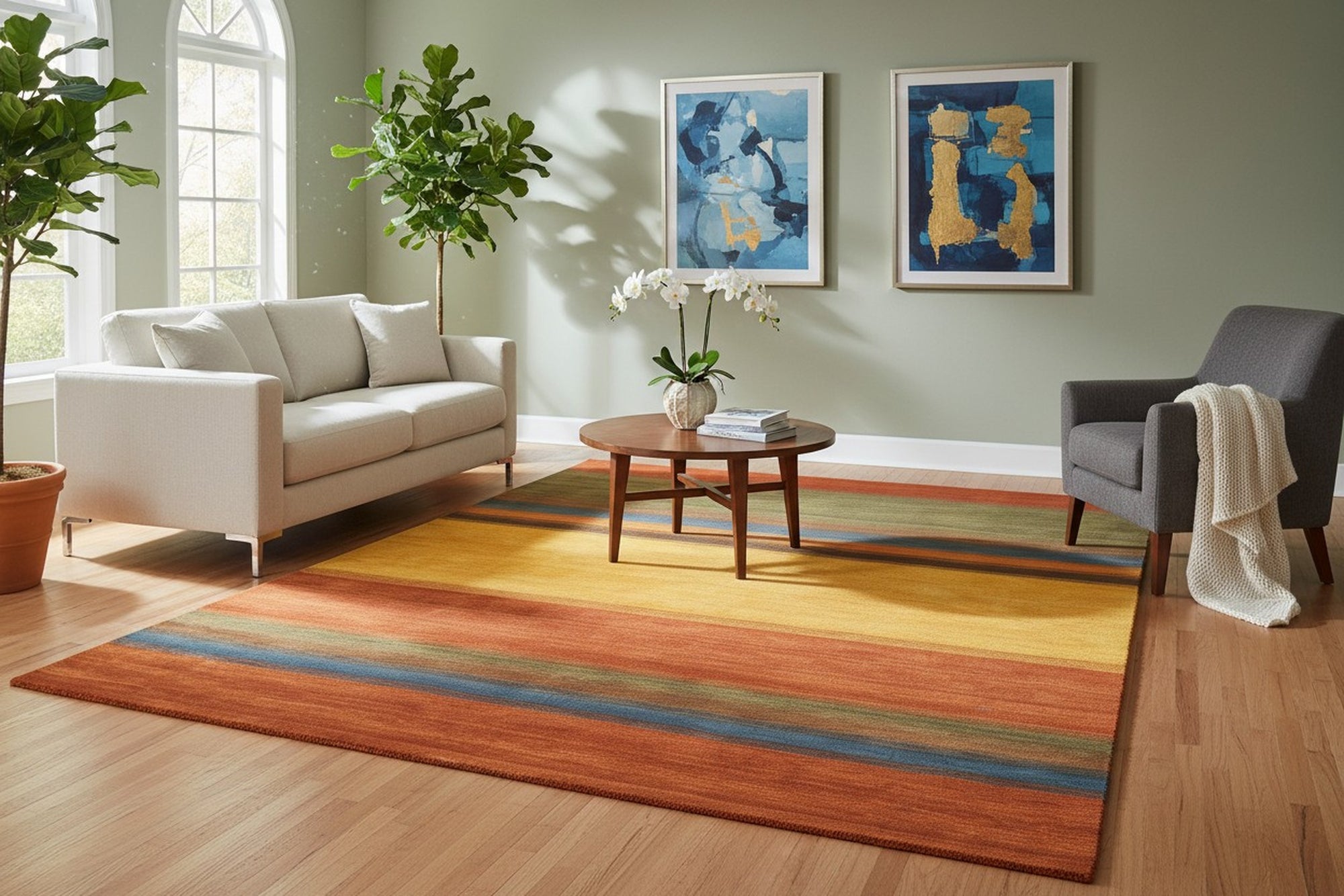 Multicolor striped Gabbeh handmade wool area rug styled in a living room