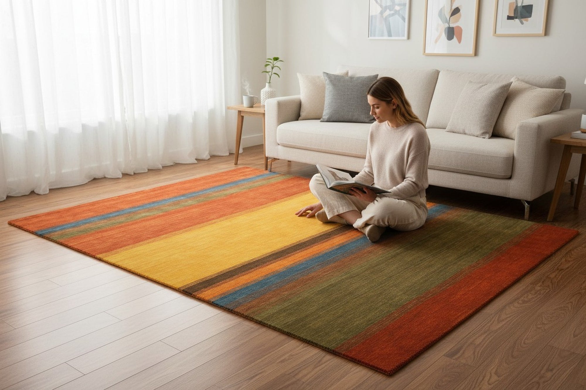 Multicolor striped Gabbeh handmade wool area rug styled in a living room