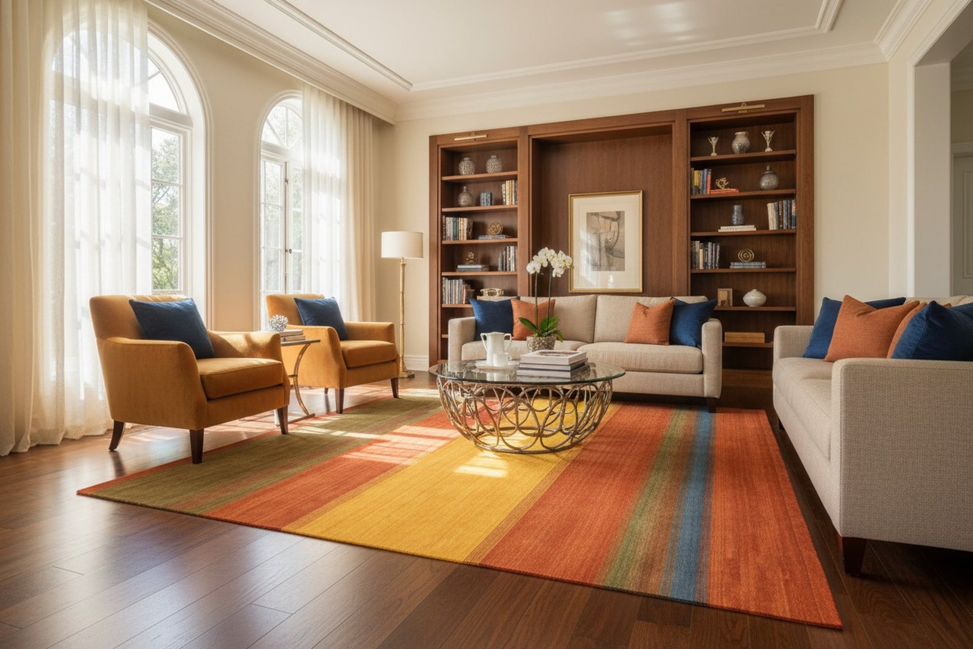 Multicolor striped Gabbeh handmade wool area rug styled in a living room
