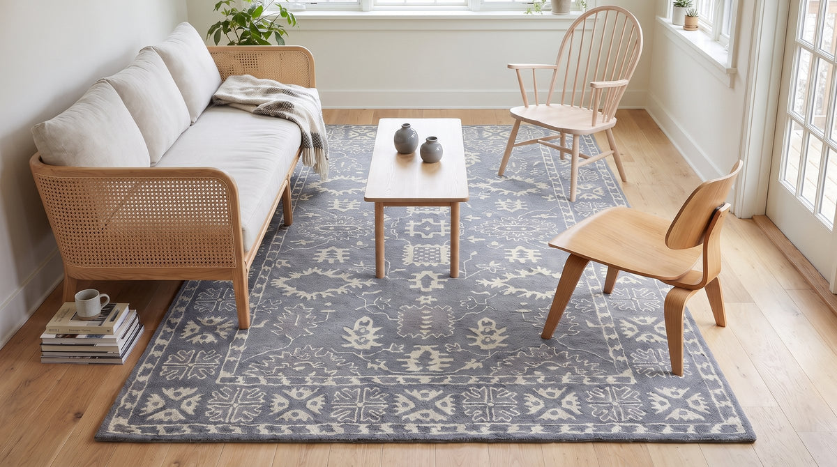 Louie Oriental Gray Hand Tufted Wool Rug in a sunroom