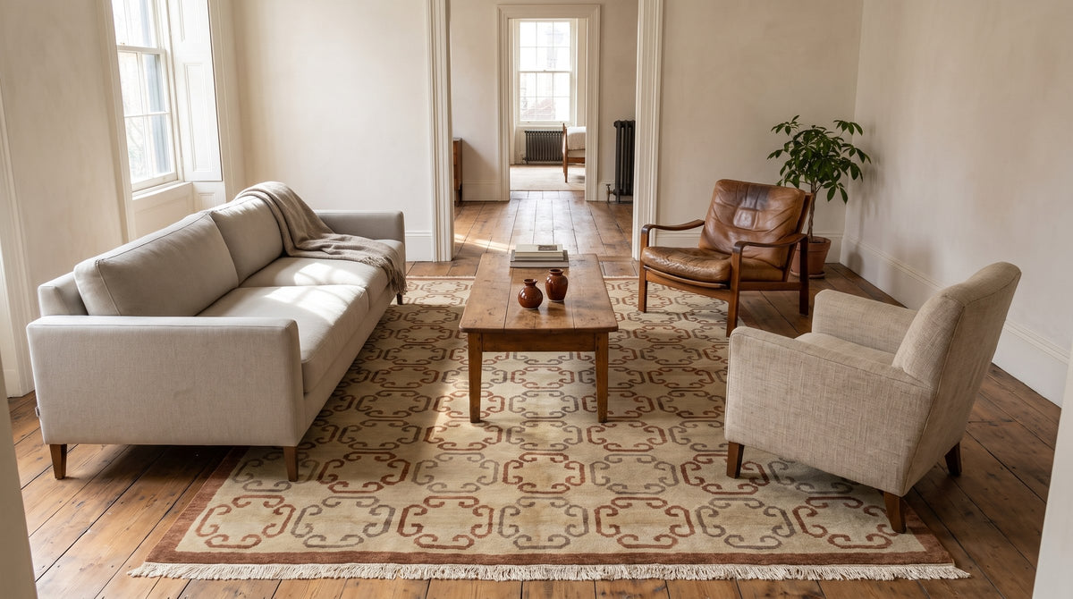 Louie Vibrant Brown and Ivory Hand Knotted Wool Rug in a living room