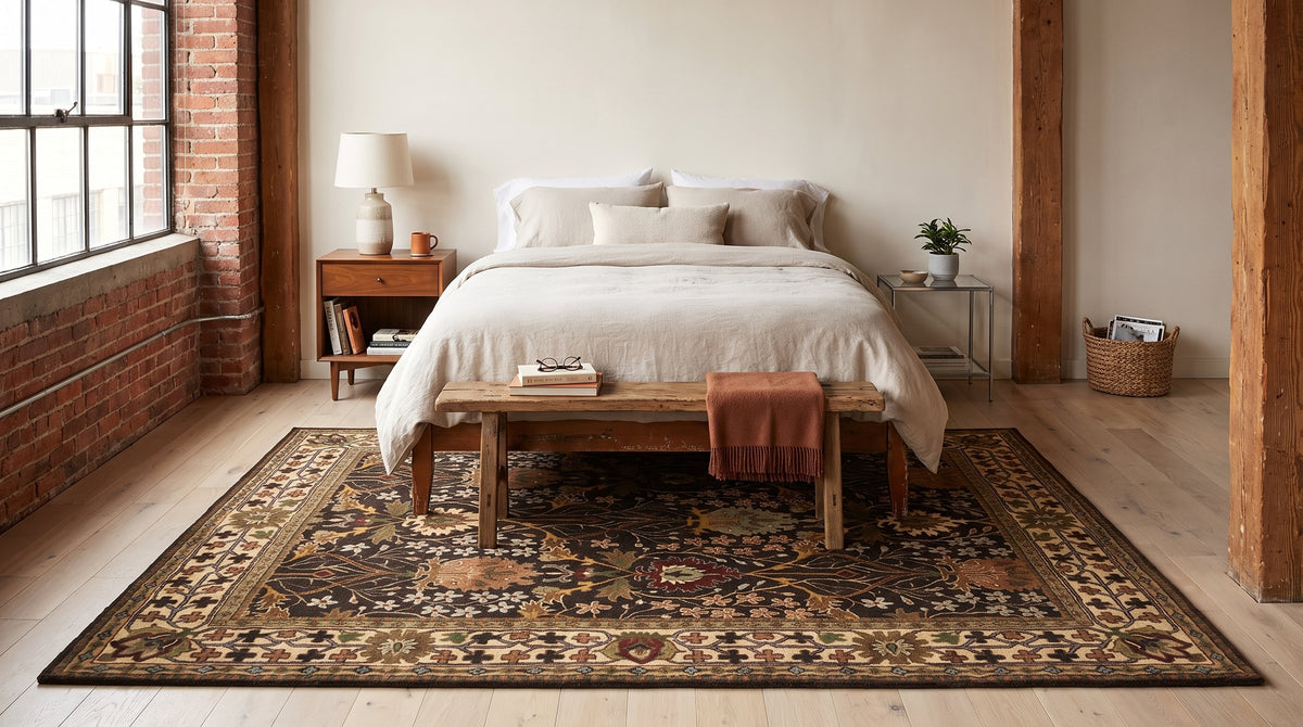 Luna Delicate Brown Hand Tufted Wool Rug in a bedroom