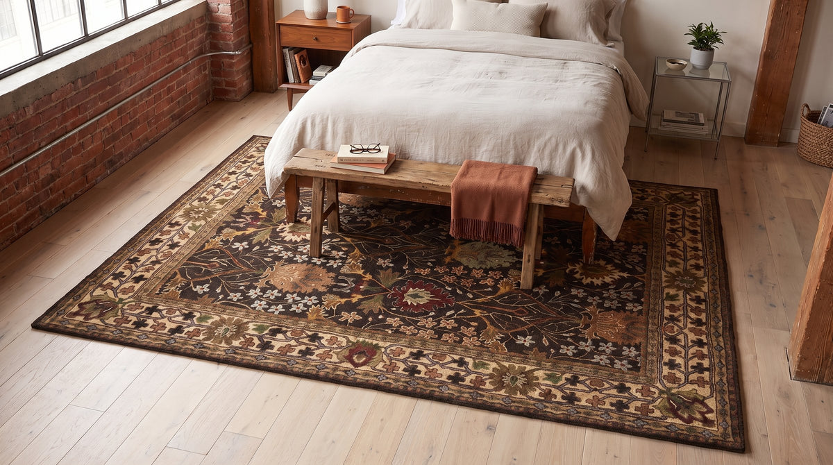 Luna Delicate Brown Hand Tufted Wool Rug in a bedroom