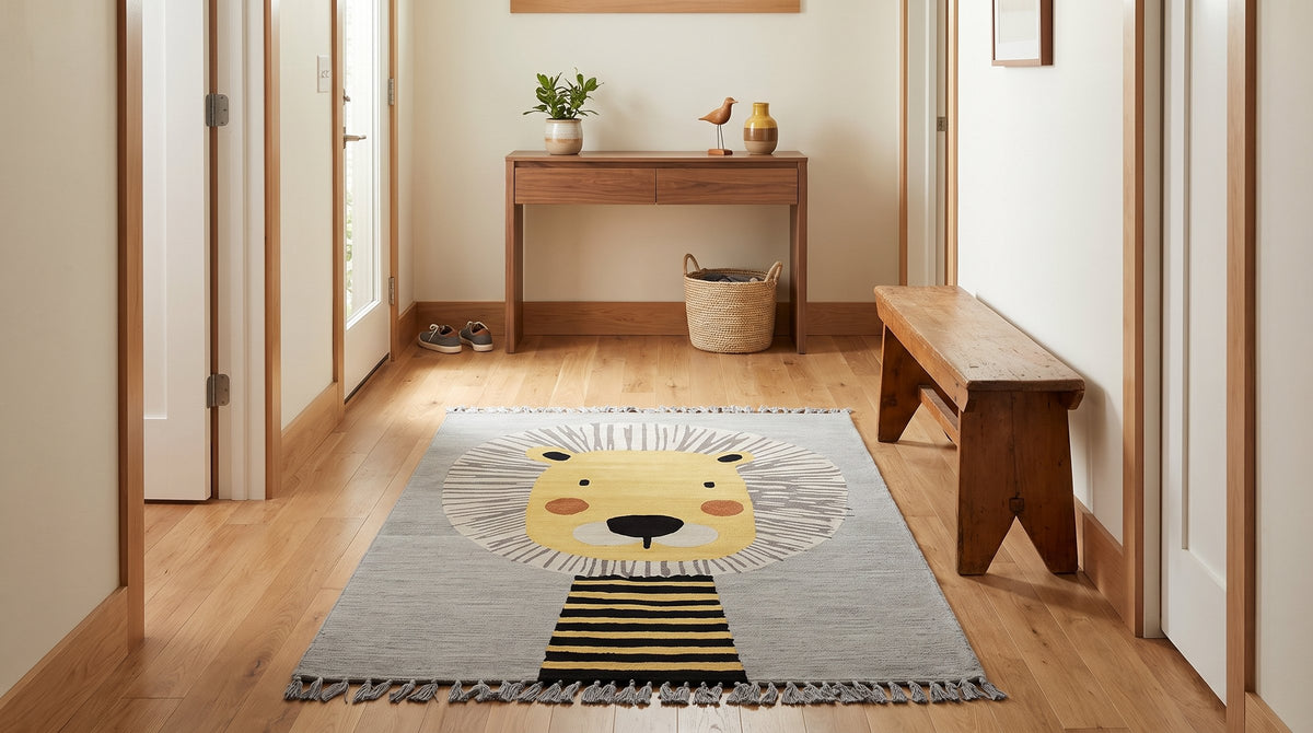 Lush Graceful Gray Hand Tufted Wool Rug in a hallway