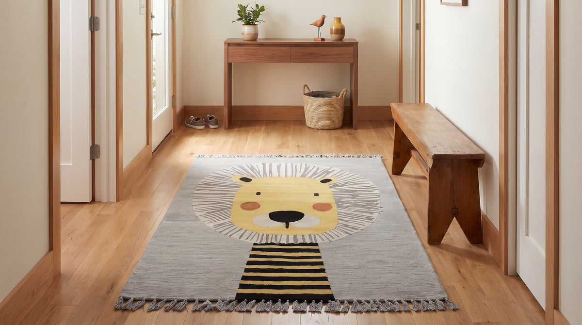 Lush Graceful Gray Hand Tufted Wool Rug in a hallway