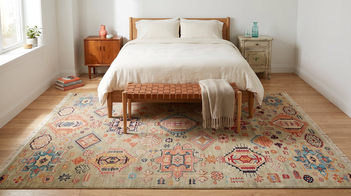 Lush Oriental Ivory Hand Knotted Wool Rug in a bedroom