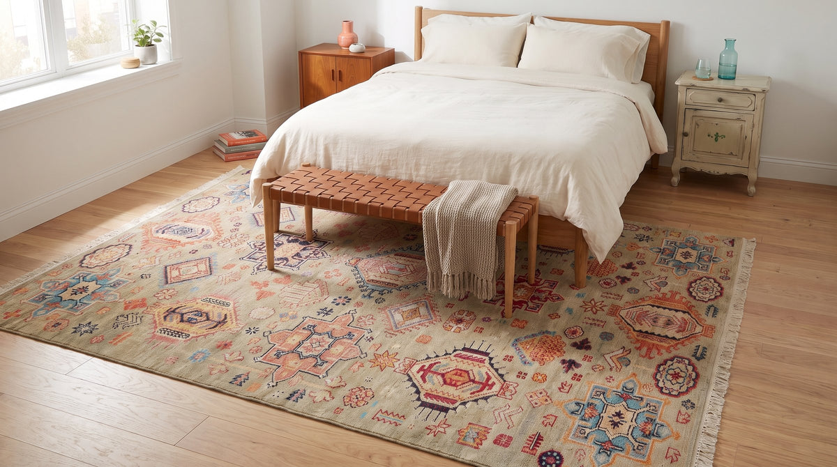 Lush Oriental Ivory Hand Knotted Wool Rug in a bedroom