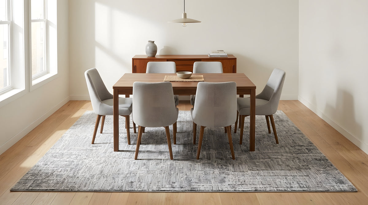Lush Xena Ivory Handmade Wool Rug in a dining room