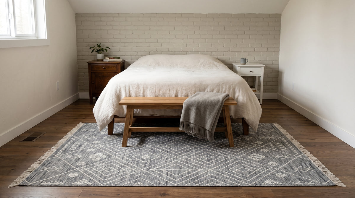 Luxurious Kilim Charcoal Handmade Wool Rug in a bedroom