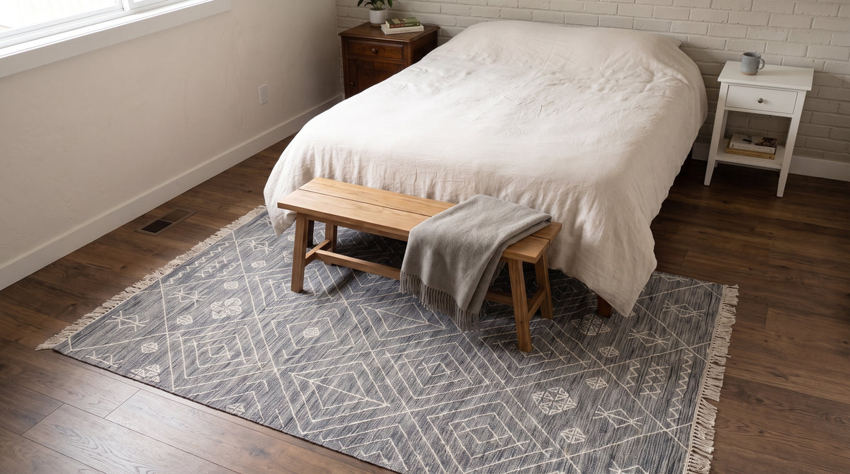 Luxurious Kilim Charcoal Handmade Wool Rug in a bedroom