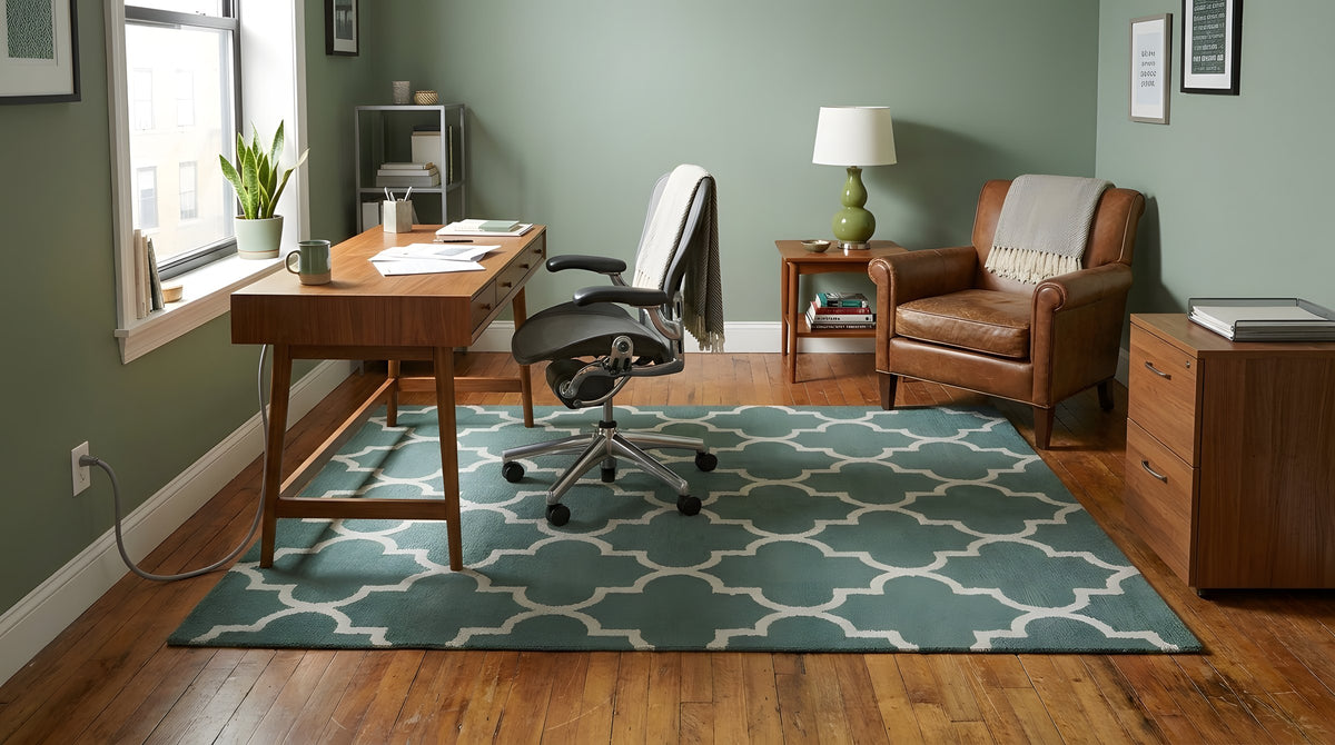 Luxurious Moroccan Green Hand Tufted Wool Rug in a home office