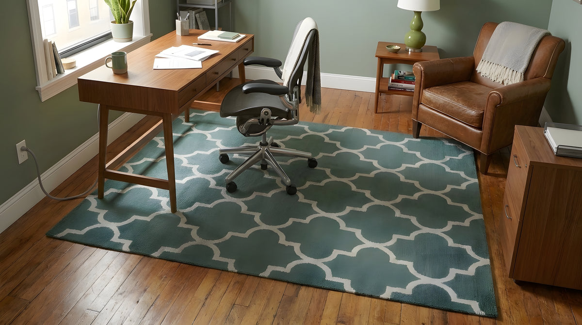 Luxurious Moroccan Green Hand Tufted Wool Rug in a home office