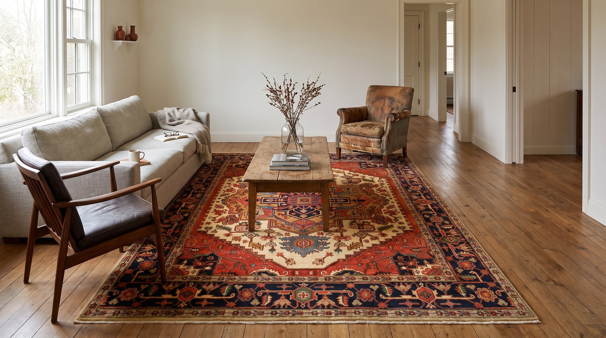 Luxurious Oriental Ivory Hand Knotted Wool Rug in a living room