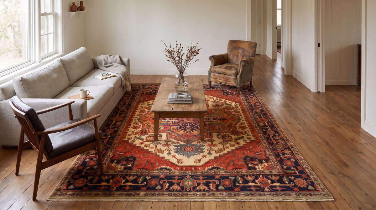 Luxurious Oriental Ivory Hand Knotted Wool Rug in a living room
