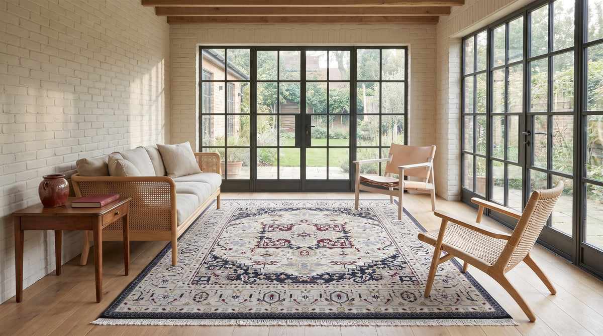Luxurious Traditional Beige Hand Knotted Wool Rug in a sunroom