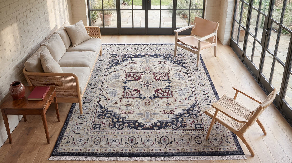 Luxurious Traditional Beige Hand Knotted Wool Rug in a sunroom