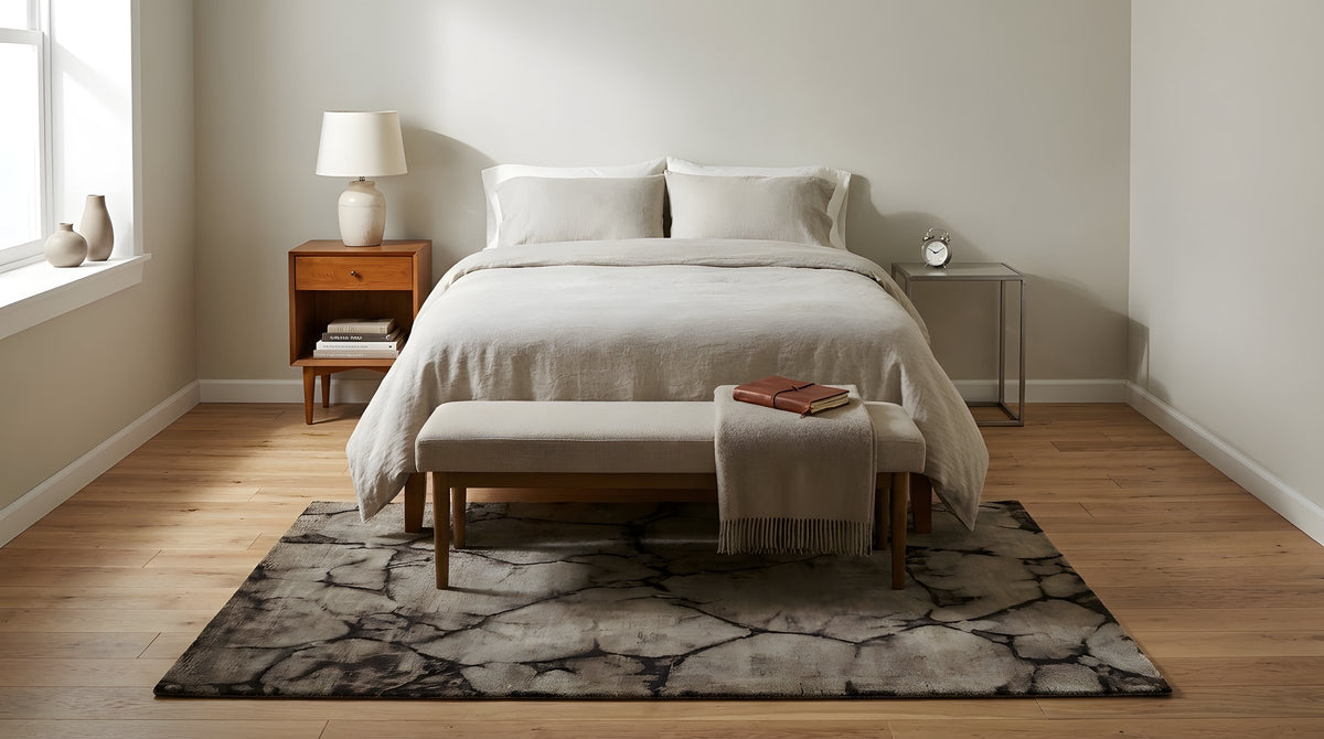 Luxurious Warm Brown and Gray Hand Knotted Wool Rug in a bedroom