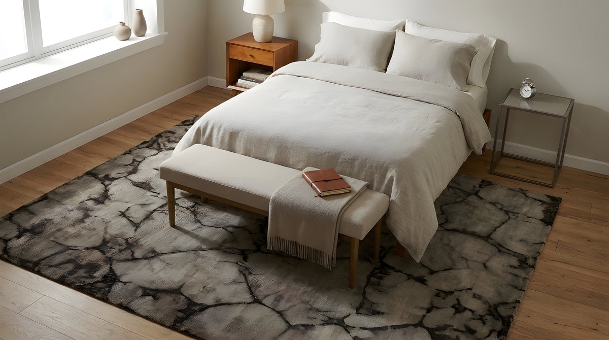Luxurious Warm Brown and Gray Hand Knotted Wool Rug in a bedroom