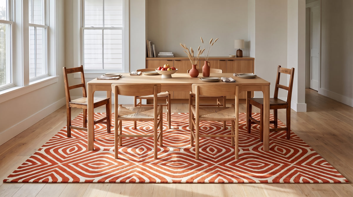 Luxurious Warm Orange Hand Tufted Wool Rug in a dining room