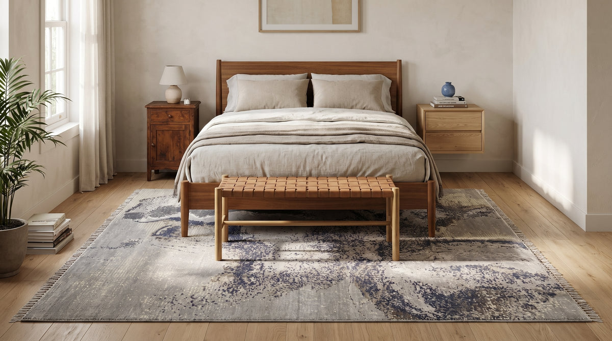Lydia Cassandra Gray Hand Knotted Wool Rug in a bedroom