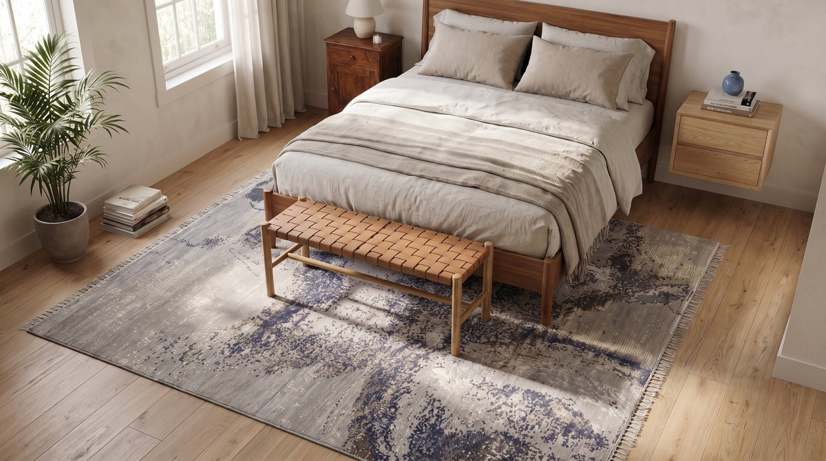Lydia Cassandra Gray Hand Knotted Wool Rug in a bedroom