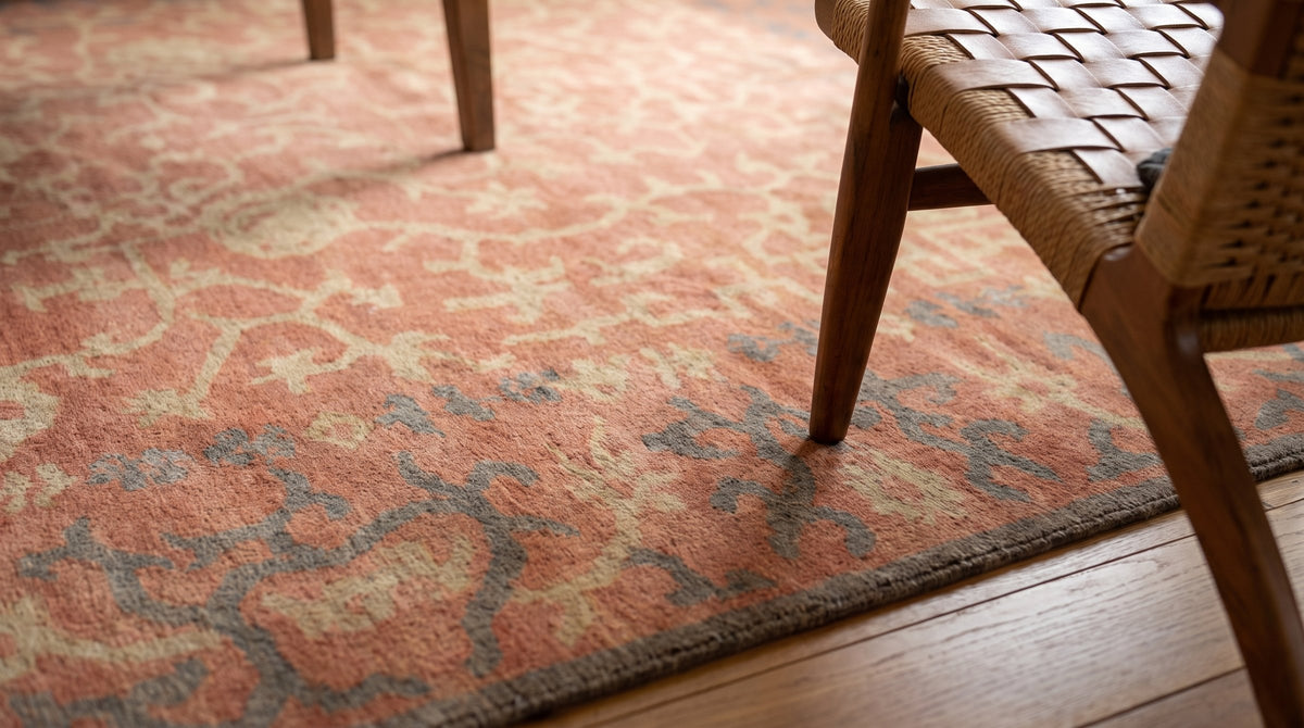 Lydia Jasmine Red Hand Knotted Wool Rug in a living room
