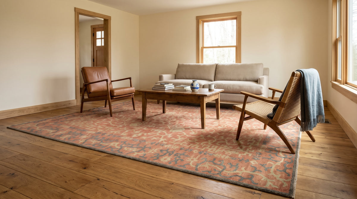 Lydia Jasmine Red Hand Knotted Wool Rug in a living room