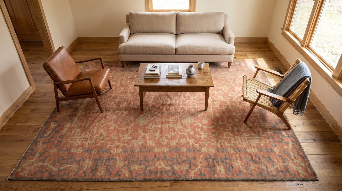 Lydia Jasmine Red Hand Knotted Wool Rug in a living room