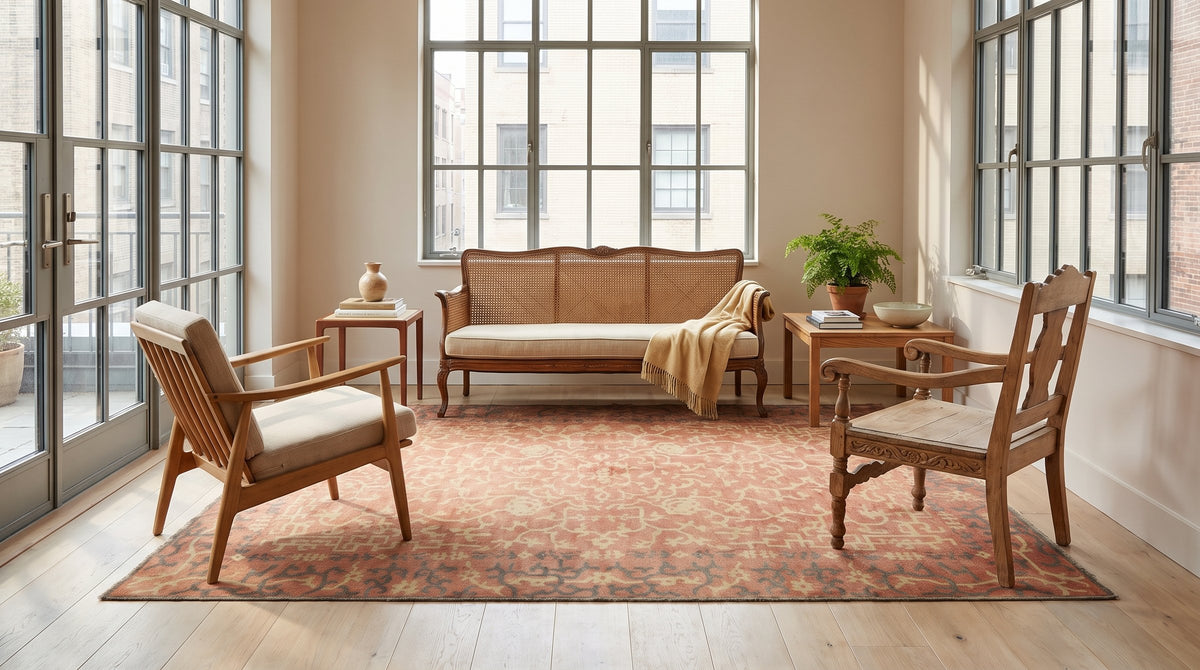 Lydia Jasmine Red Hand Knotted Wool Rug in a sunroom