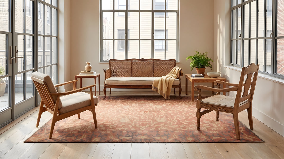 Lydia Jasmine Red Hand Knotted Wool Rug in a sunroom