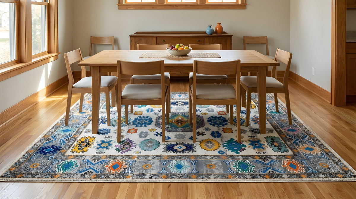 Lydia Kazak Ivory Hand Knotted Wool Rug in a dining room