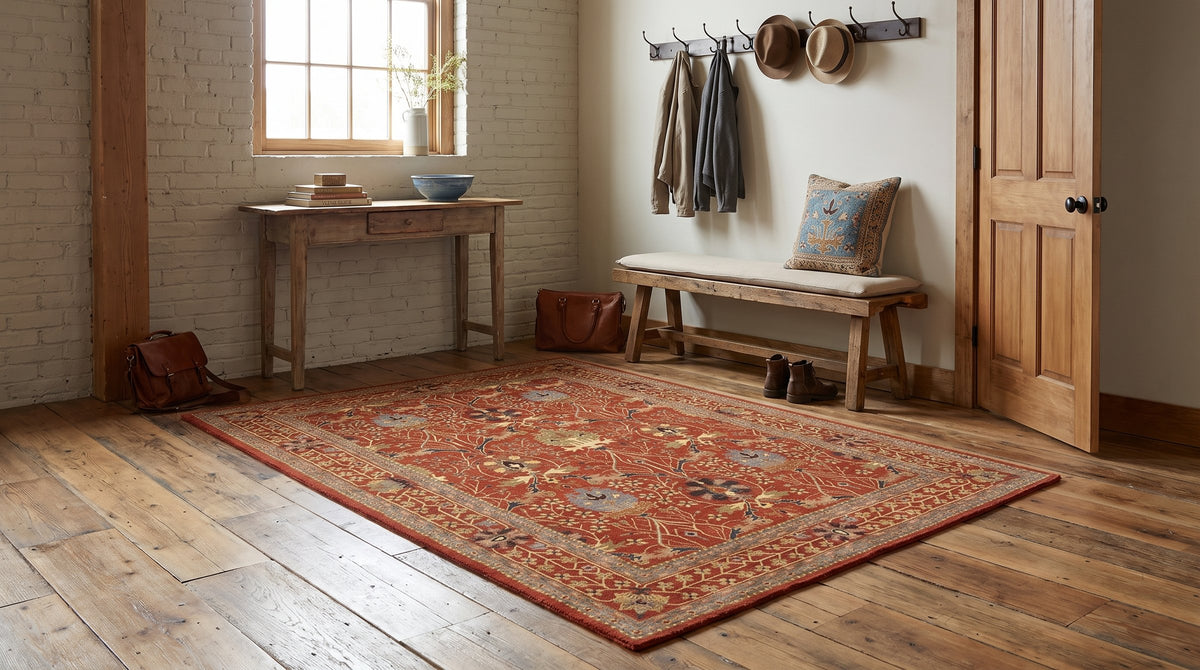 Lydia Vibrant Red Hand Tufted Wool Rug in a entryway