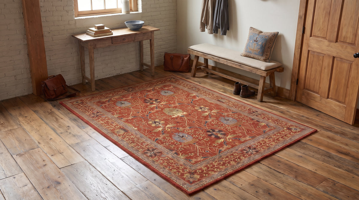 Lydia Vibrant Red Hand Tufted Wool Rug in a entryway