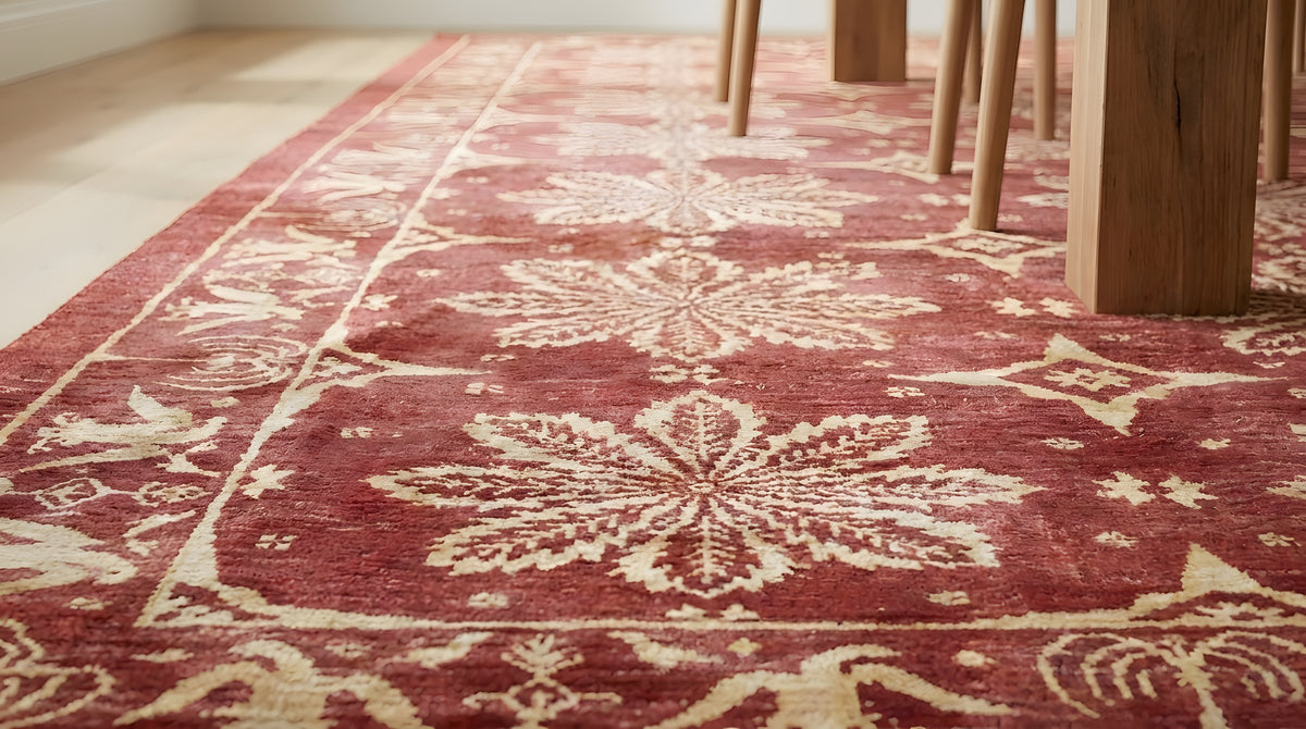 Majestic Artisan Red Hand Knotted Afghan Wool Rug in a dining room