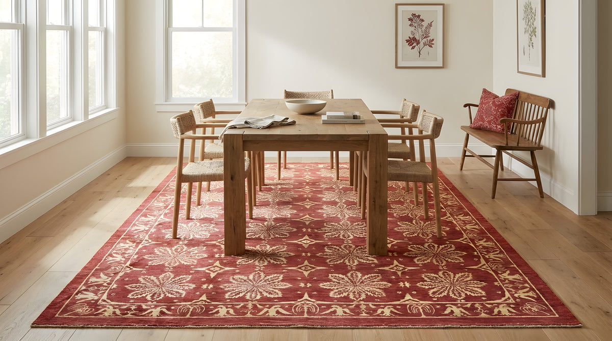 Majestic Artisan Red Hand Knotted Afghan Wool Rug in a dining room