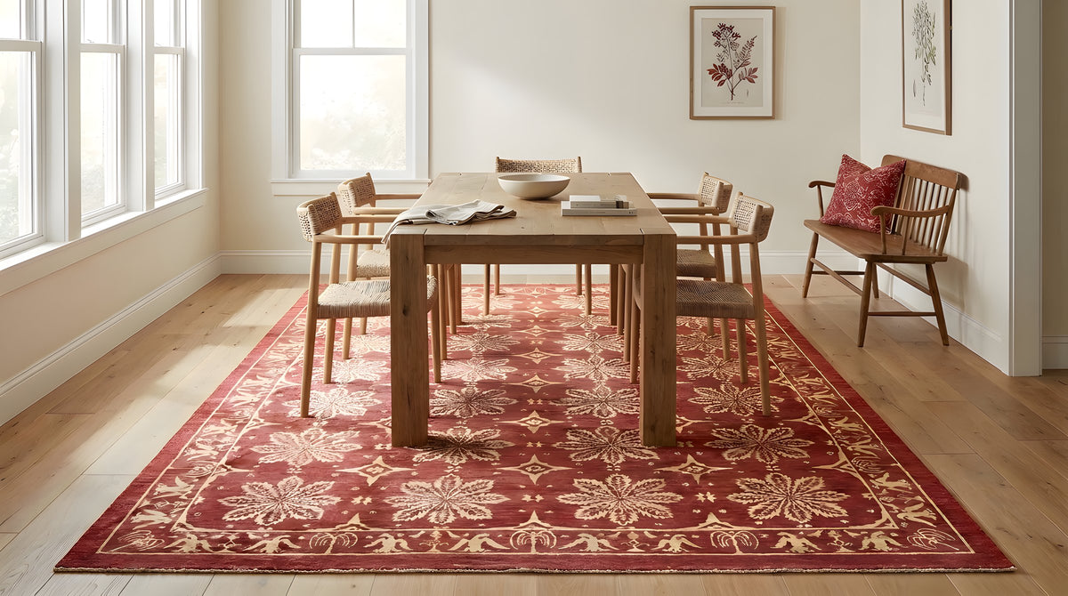 Majestic Artisan Red Hand Knotted Afghan Wool Rug in a dining room