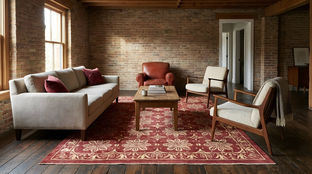 Majestic Artisan Red Hand Knotted Afghan Wool Rug in a living room
