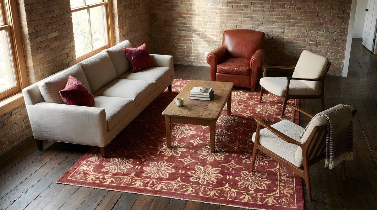 Majestic Artisan Red Hand Knotted Afghan Wool Rug in a living room