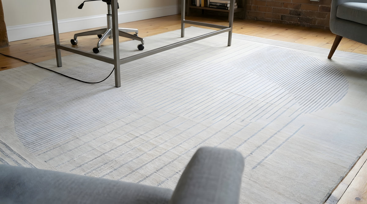 Majestic Chic Charcoal Handmade Wool Rug in a home office