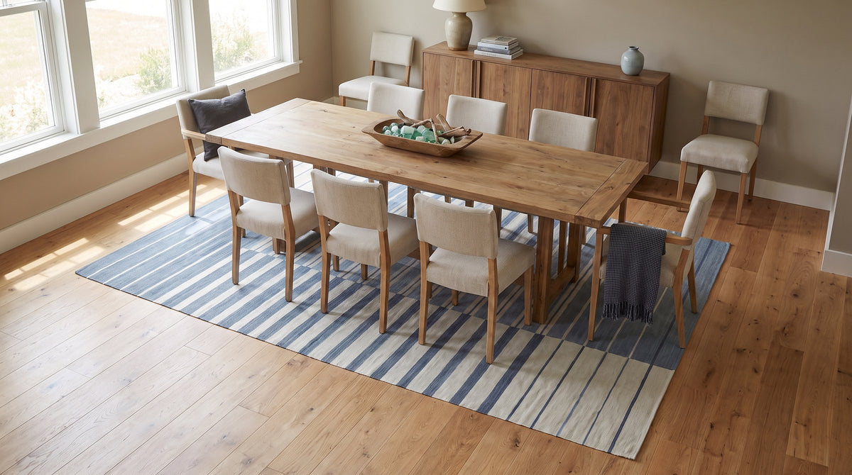 Majestic Laine Multicolor Flatweave Wool Rug in a dining room