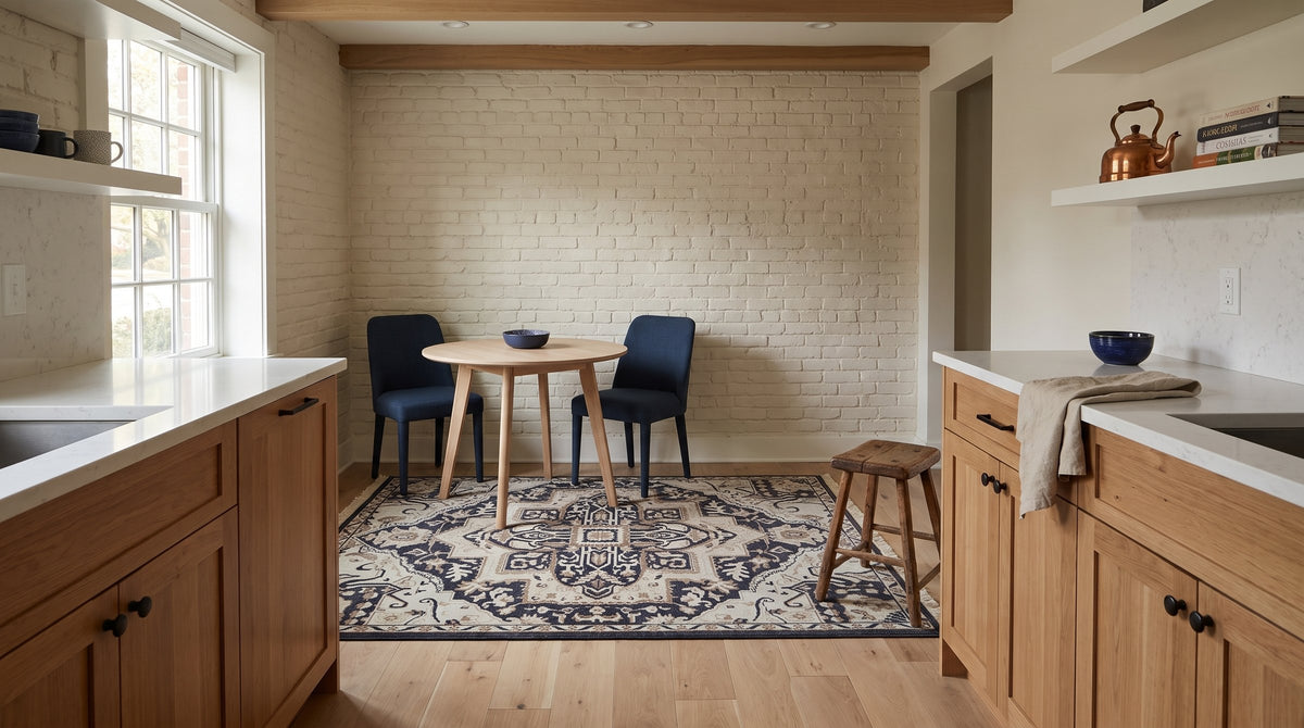 Majestic Timeless Charcoal Hand Knotted Wool Rug in a kitchen