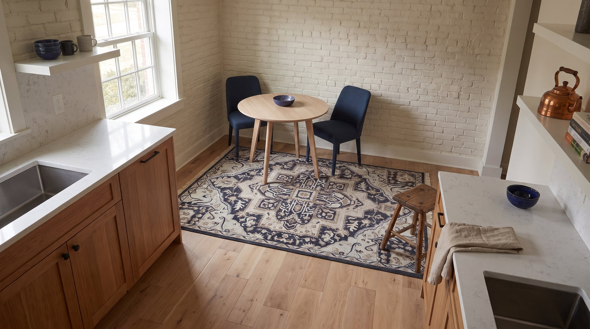 Majestic Timeless Charcoal Hand Knotted Wool Rug in a kitchen