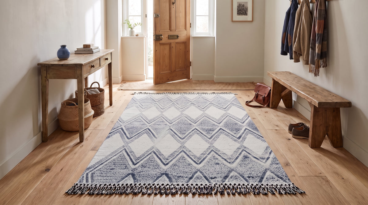 Marrakech Cloud Ivory Hand-Knotted Wool Rug in a entryway