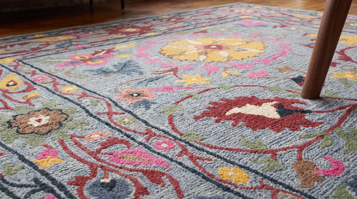 Maya Artisan Blue Hand Tufted Wool Rug in a dining room