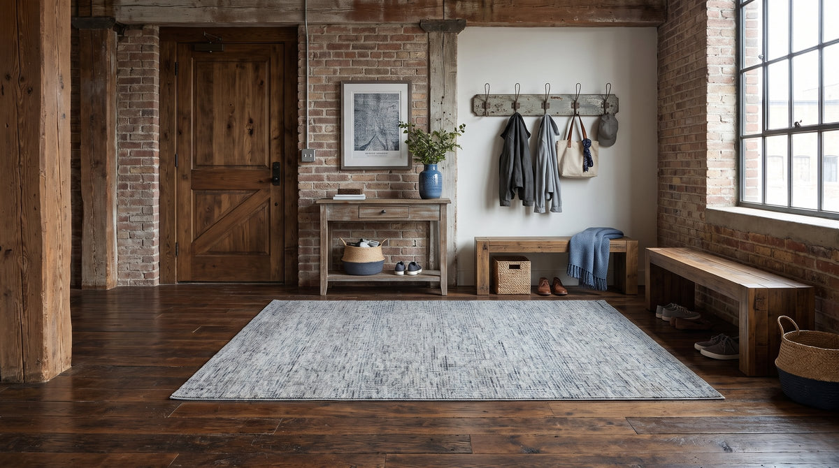 Maya Bianca Navy Hand Tufted Wool Rug in a entryway