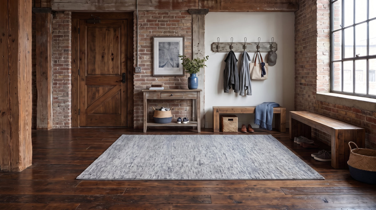 Maya Bianca Navy Hand Tufted Wool Rug in a entryway
